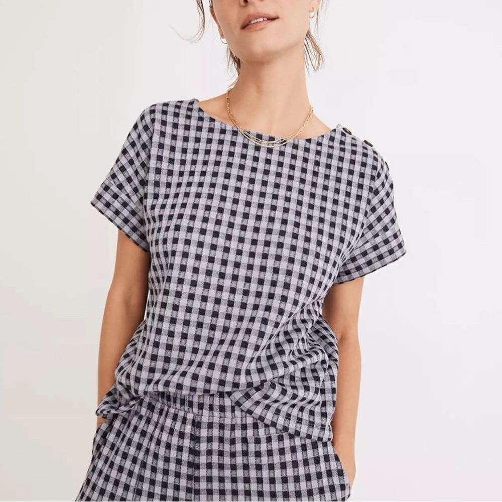 MADEWELL Gingham Knit Seersucker Button-Shoulder Top in Faded Lavender